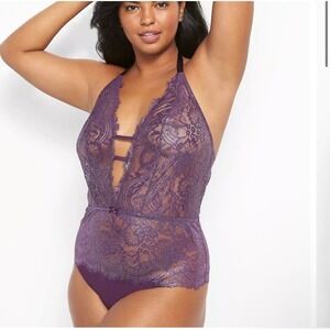 Cacique Lace Metallic Lace Thong Halter Bodysuit Purple‎ Pennant 18/20